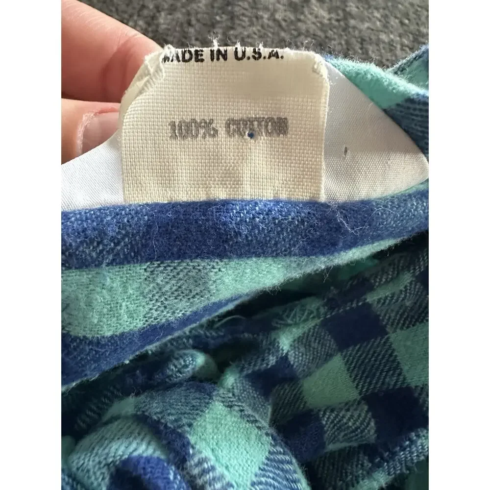 Vtg OshKosh B'Gosh Plaid Flannel Top Shirt Teal Girls Sz 12/14 Large Ascot Blue